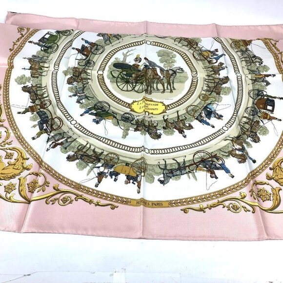 HERMES Carre90 A walk to LA PROMENADE DE LONGCHAMPS Longchamps Scarf silk pink - Picture 7 of 14